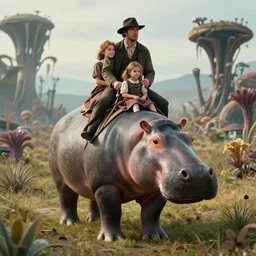 sharp, highly detailed, film from a 2 0 1 9 sci fi 8 k movie, set in 1 8 6 0, family riding on the back of alien hippos, across an alien landscape of strange wild alien plants, 1 8 5 0 s era clothes, atmospheric lighting, in focus, reflective eyes, 3 5 mm macro lens, live action, nice composition