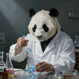 panda mad scientist mixing sparkling chemicals, high-contrast painting