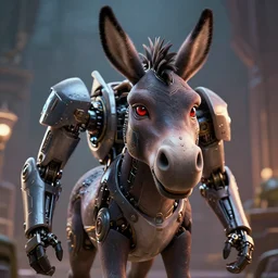 intricate hyper detailed ultra sharp portrait of a evil robotic donkey is heroically looking into the camera, blurry background, 2 d digital vector art, highly realistic, highly detailed, medium shot, low angle, dramatic lighting, picture of the year award, deep cyberpunk mechanoid, sharp focus, global illumination, radiant light, unreal engine, 4 k, ultra hd,