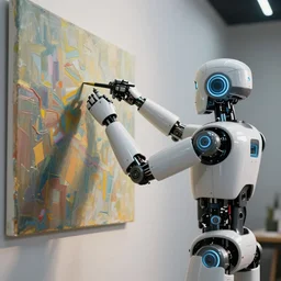 an high resolution photo of a robot shooting a paiting on a wall, hyper detailed, photography, realistic art, 8 k, unreal engine, octane render, cinematic