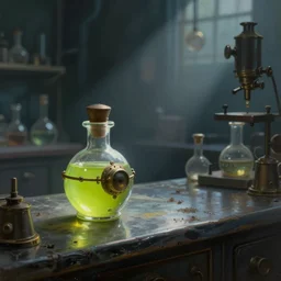 a painting of a small lime colored shiny steampunk potion bottle on the left of a dark counter in a dark dusty vintage science lab, by h. r. giger, hyperrealistic fantasy art, concept matte, ethereal, dreamy, digital art, trending on artstation, volumetric cinematic lighting