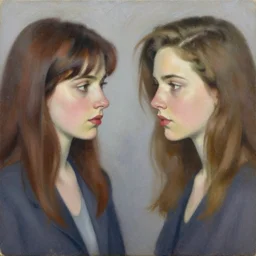 portrait of a modern day woman looking at a 8 0's woman, painted by rose roosendaal, trending on artstation - n 9