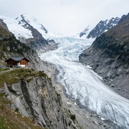 icefall glacier flowing down valley in the mountains, cozy hut above cliff side, sony dslr, landscape photography, norway, switzerland, award winning nature photo