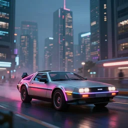 deep perspective, the background is a cyber city sharp photorealistic octane render, bokeh in the background, a futuristic curvy neon delorean hover in the foreground,