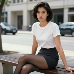 A woman, sit on a bench,  mini-skirt, short hair, tights, building, car; the street, summer; 90's professional color photograph, close up, view from front.