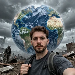 last selfie on earth, apocalyptic world after world war, cinematic style, trending on artstation, deviantart