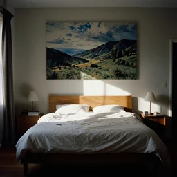A bedroom designed by Raymond Pettibon, 35mm film, long shot
