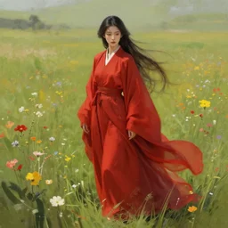 a beautiful woman standing in a field of flowers in long flowing red robes, trending on artstation, detailed rough digital painting, concept art
