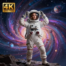 - a seductive women with astronaut helmet, standing on the edge of the universe trying to make sense of the world with psychedelic backgrounds, 4 k, trending on artstation, renaissance
