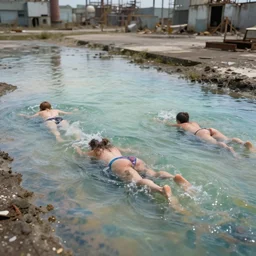 overhead view of inhuman bodies swimming in an iridescent tide oil slick at the edge of a disaused factory faded depth of field ultra realistic very detailed