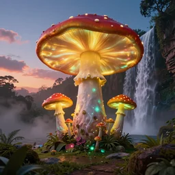 a beautiful and stunning professional digital photo of a humongous glowing mushroom cave, haze, waterfall, volumetric lighting, hyperrealistic, red, yellow, green, blue, sunset, unreal engine 5, ultra detail