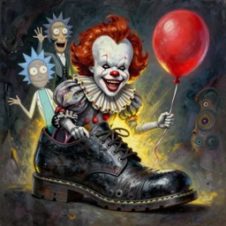 grunge painting of a shoe with a wide smile and a red balloon by tim burton, loony toons style, pennywise style, corpse bride style, rick and morty style, creepy lighting, horror theme, detailed, elegant, intricate, conceptual