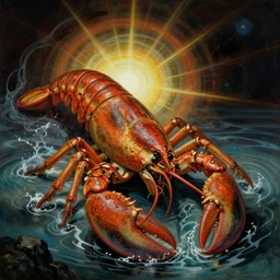 The god of wateers resembles a lobster, cosmic, horror, Peter Mohrbacher, artwork by Peter Mohrbacher, inspired by Salvador Dalí, surreal