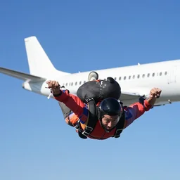 color photo. closeup of a skydiver jumping. white plane in the background 8 0'style