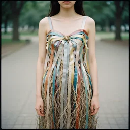 a closeup portrait of a woman wearing a dress made of ribbon and roots, standing in an empty park, color photograph, by vincent desiderio, canon eos c 3 0 0, ƒ 1. 8, 3 5 mm, 8 k, medium - format print