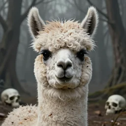 highly detailed animal portrait of an emo alpaca, black eyeshadow, piercings, earrings, digital art made by makoto shinkai, lois van baarle, greg rutkowski and jakub rebelka, highly detailed, symmetrical, extremely coherent, smooth, shaped focus, dystopian gray forest background, skull