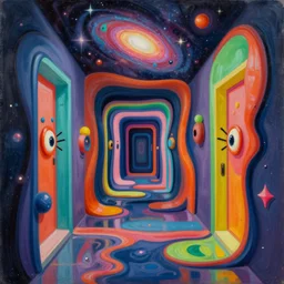 an extremely high quality hd surrealism painting of a 3d slow-shutter galactic neon complimentary colored cartoon surrealism melting optical illusion hallway by a much more skilled version of kandinskypicasso and salvia dali the fourth, salvador dali's much much much much more talented painter cousin, 8k, clear shapes, defined edges, ultra realistic, super realistic,