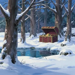 a beautiful winter wonderland with a pond, beautiful ancient trees, hiding large treasure chest, serene evening atmosphere, soft lens, soft light, cel - shading, animation, in the style of cgsociety, deviantart, artstation, zbrush, cinema 4 d, studio ghibli, akihiko yoshida, atelier lulua, masamune shirow