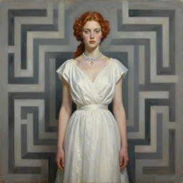 labyrinth pan's by karel thole, by phil koch extemporaneous. a beautiful painting. she coalesces into a tall woman in a white dress, diamonds around her neck, hair carefully arranged in auburn waves, young & old at the same time.