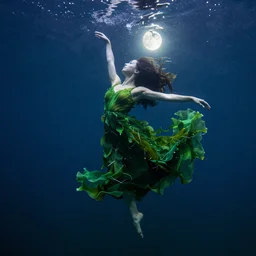 woman dancing underwater in long green dress made of seaweed that is flowing in the current, moonlit, impressionism