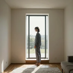 person in pyjamas standing near window, turned back to camera, cinematographic, sun rays, daylight, one big french door window with walls to the sides, windowsill, carpet at the floor, furnished room, anamorphic shot lens, window at the center, wooden floor, modern, photorealistic, high ceiling