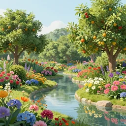 Matte painting of a serene landscape of a garden filled with vivid coloured flowers and lush fruit trees, water lily and narcissus above pond melted into starry summer by Nicolas Party trending on artstation, 8k resolution,Aerial Photography,   Ultrawide lens