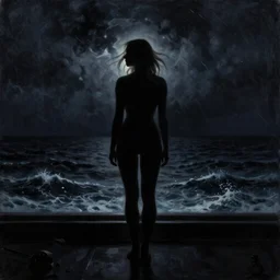 silhouette of a Elle Fanning at sea in a storm, pitch black room, extremely detailed masterpiece, oil on canvas, low-key neon lighting, artstation, Blade Runner 2049, Roger Deakin’s cinematography, by J. C. Leyendecker and Peter Paul Rubens,