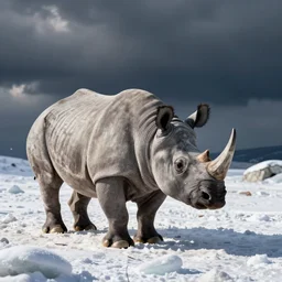 pied rhinoceros, snow and ice, photo, realistic photography