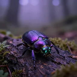 purple forest, glowing beetle, sigma lens, strong bokeh, photography, highly detailed, 8 5 mm, f / 1. 3, foggy, dramatic lighting, 4 k