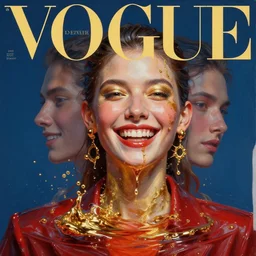 3 d, close - up, boiling liquid gold and red water, chuckles fashion model, vogue cover style, plastic, poster art, high detail, intricate oil painting, multiple exposure, deep blue mood, hyperrealism, 3 d, by tooth wu and wlop and beeple and greg rutkowski