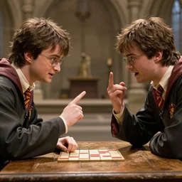 harry potter and percy jackson playing rock paper scissors, cinematic still, high quality, high definition, 4 k