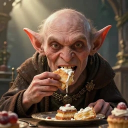 highly detailed closeup portrait of a medieval goblin eating cakes, stephen bliss, unreal engine, greg rutkowski, ilya kuvshinov, ross draws, hyung tae and frank frazetta, tom bagshaw, tom whalen, nicoletta ceccoli, mark ryden, earl norem, global illumination, god rays, detailed and intricate environment