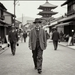 grainy vintage photo of a person in modern clothes walking the streets of 1910s Japan