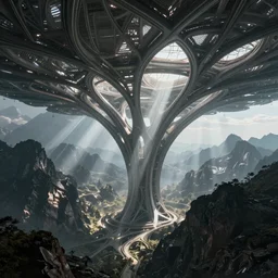 futuristic branching and webbed and vaulted structure stretching out across the mountainside, beautiful dynamic lighting, cinematic, wide angle establishing shot, extremely high detail, photo realistic, cinematic lighting, post processed, concept art, artstation, matte painting, style by eddie mendoza, raphael lacoste, alex ross, volumetric lighting, light rays, photorealistic, ultrarealistic, moody, coronarender, 8k