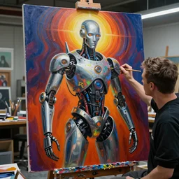 photo of futuristic holy futuristic cyborg - robot - painter - artist creating a painting with acrylic paint and brushes in a futuristic artist studio by h. r giger, by, rich deep colors. masterpiece, intricate artwork by tooth wu and wlop and beeple, gaspar noe, james cameron,