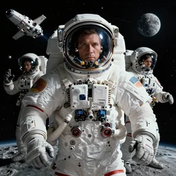 epic portrait of astronauts and spaceships from battlestar Galactica 2014 fighting in space above the Moon, extremely detailed, in the style of Jim Burns by Robert McCall, bsg, 4k, 8k, HD, trending on artstation