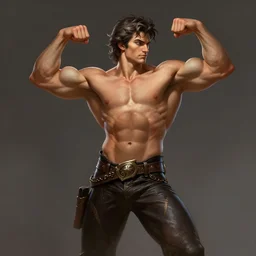 a highly detailed illustration of shirtless Kellan Lutz, heroically flexing perseus pose, muscular, leather pants, intricate, elegant, highly detailed, centered, digital painting, artstation, concept art, smooth, sharp focus, league of legends concept art, WLOP
