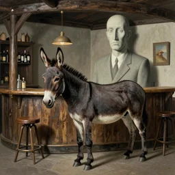 a mule in the a rustic bar, by Salvador Dali, by Rene Magritte, award winning, amazing resolution.