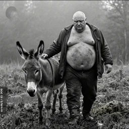 a movie still by tarkovsky of a profil giant obese old bald man in dirty clothes walking with his donkey in a swamp mossy, cinestill 8 0 0 t 3 5 mm b & w, heavy grain, high quality, noir, natural textures, photorealistic, ambient occlusion, hd, mud, fog, criterion collection