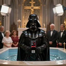 Darth Vader getting baptized. Catholic Cathedral background. Family and Friends watching. studio lighting, epic, 8k