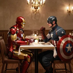 iron man and captain america sit across from each other in a romantic restaurant, candlelit, style of greg rutkowski