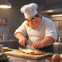 a chef cutting sad fat carp in the kitchen, cinematic illustration for Interstellar the movie and kubo and the two strings, octane render, dynamic lighting