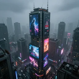 futuristic dystopian cityscape, high rises, billboard ads, neon signs, overcast, foggy, raining, depressing, ominous, imposing, industrial, high angle, dramatic illumination, multi colored lighting, highly detailed, ultra realistic, 8 k, by greg rutkowski, by nathan walsh