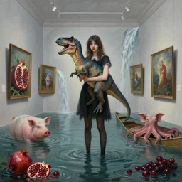 painting of a flooded london art gallery, a tall emo girl holding a velociraptor, paintings on the wall, pomegranates, waterfall,, pigs, octopus, canoe, berries, liminal space, sensual, surrealist, by magritte and monet