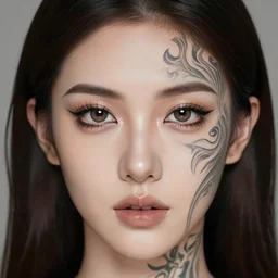 photo, closeup, young woman with her face divided into two parts. left part has heavy amount of makeup. right part has intriguing tattoo