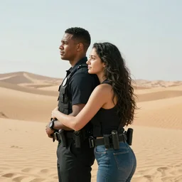 Two detectives standing in the desert facing the same direction while one hugs the other from behind.  The detective hugging the other from behind is a darker-skinned male and the detective he is hugging is a tall, light-skinned female.