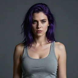 woman with dark-purple hair wearing a grey tanktop, by Cedric Peyravernay, highly detailed, excellent composition, cinematic concept art, dramatic lighting, trending on ArtStation