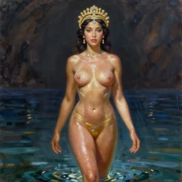 expressive oil painting, of alluring princess walking on water, seductive look, smooth glowing skin, glistening body, ornate headpiece made of gold and diamonds, glamour shot, by yoshitaka amano, by greg rutkowski, by jeremyg lipkinng, by artgerm, digital art, octane render