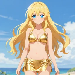 a very beautiful anime cute girl, full body, long wavy blond hair, sky blue eyes, full round face, short smile,golden bikini, miniskirt, front view, medium shot, mid-shot, highly detailed, cinematic wallpaper by Stanley Artgerm Lau