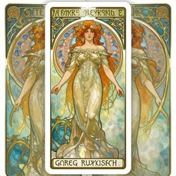 full - body artwork, cattie - brie of mithril hall, by artgerm, andreas rocha, greg rutkowski. art nouveau neo - gothic tarot card by mucha. swirly intricate glass linework background. gaudy colors, sharp edges. ultra clear detailed. 8 k. elegant. octane render